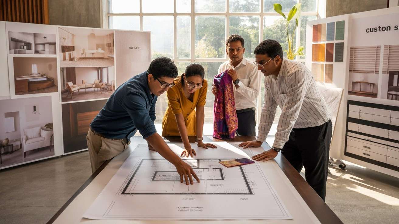Elegante Interiors design team collaborating on custom interior plans with mood boards and material samples in their Bangalore studio