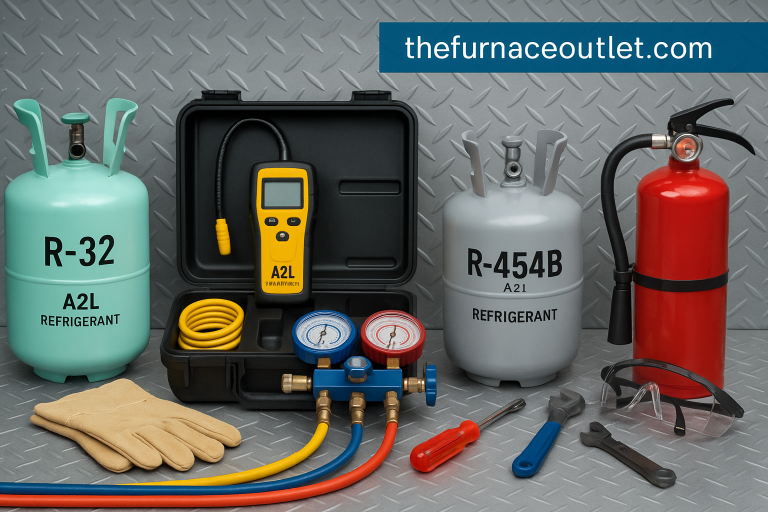 A digital photograph presents HVAC equipment and tools for safe A2L refrigerant work. Centered are R-32 and R-454B refrigerant tanks labeled "A2L," an electronic A2L-specific leak detector in a black case, recovery hoses, manifold gauges, a fire extinguisher, protective gloves, safety goggles, and hand tools. All are arranged on a diamond-plate steel surface with The Furnace Outlet website branding at the top right