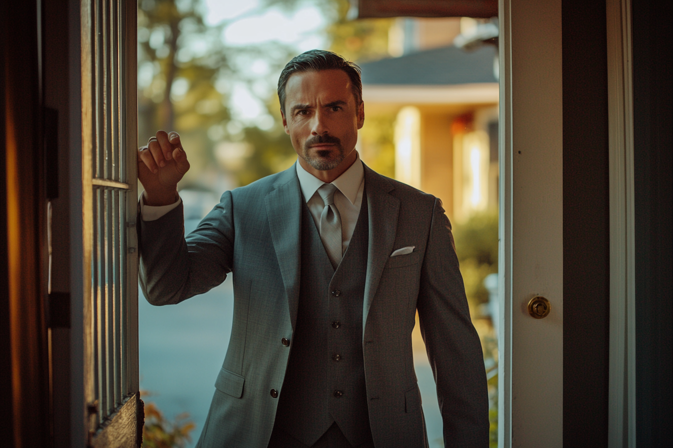 Man with a serious expression in the doorway of a house | Source: Midjourney