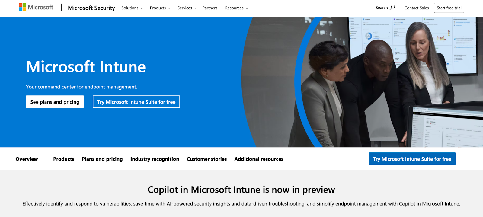 Microsoft security Homepage picture. It says, "Microsoft Intune."