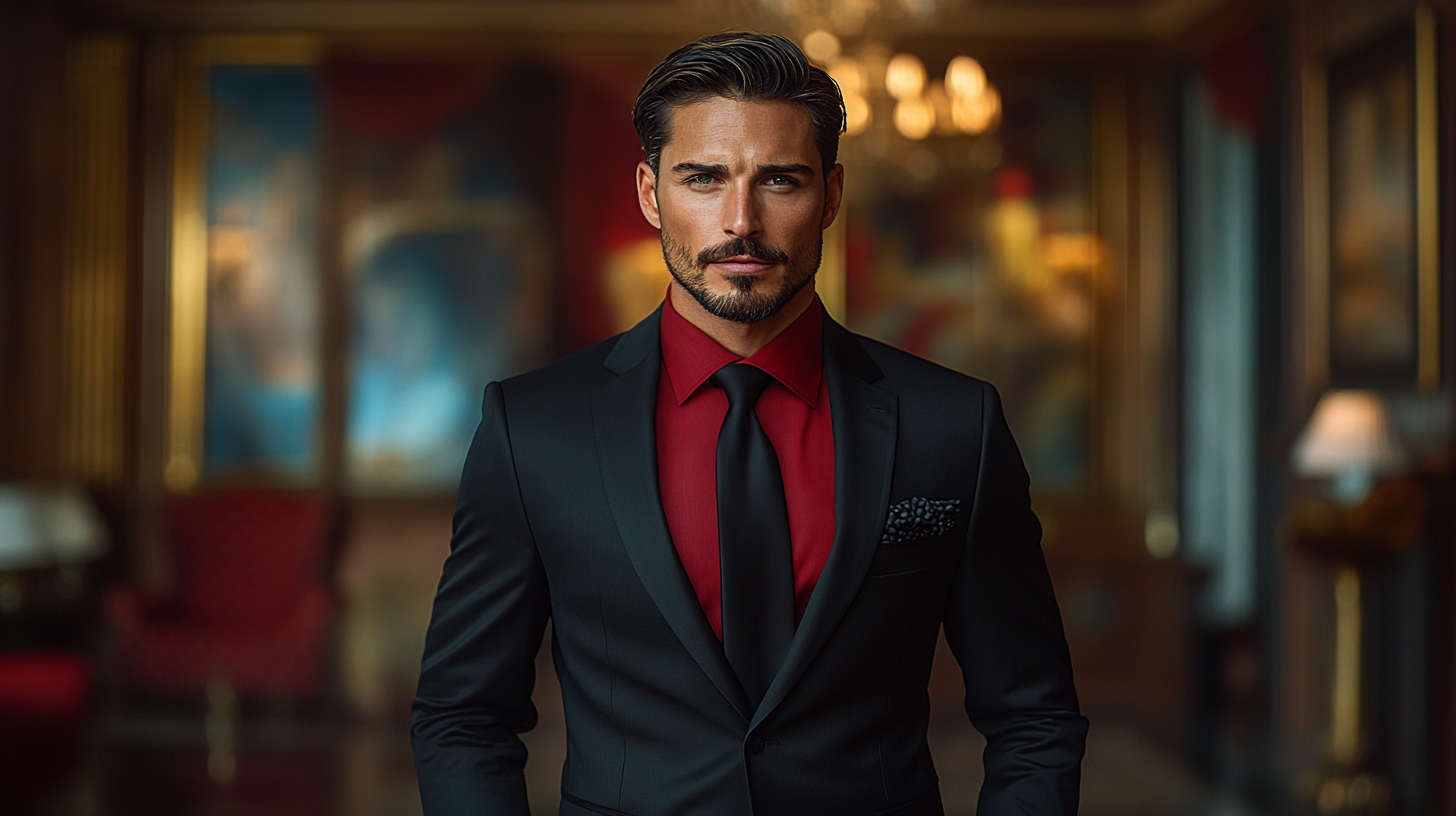 A sleek, classic black suit and red shirt, paired with a black tie, creating a sophisticated and formal vibe, displayed in an elegant setting.