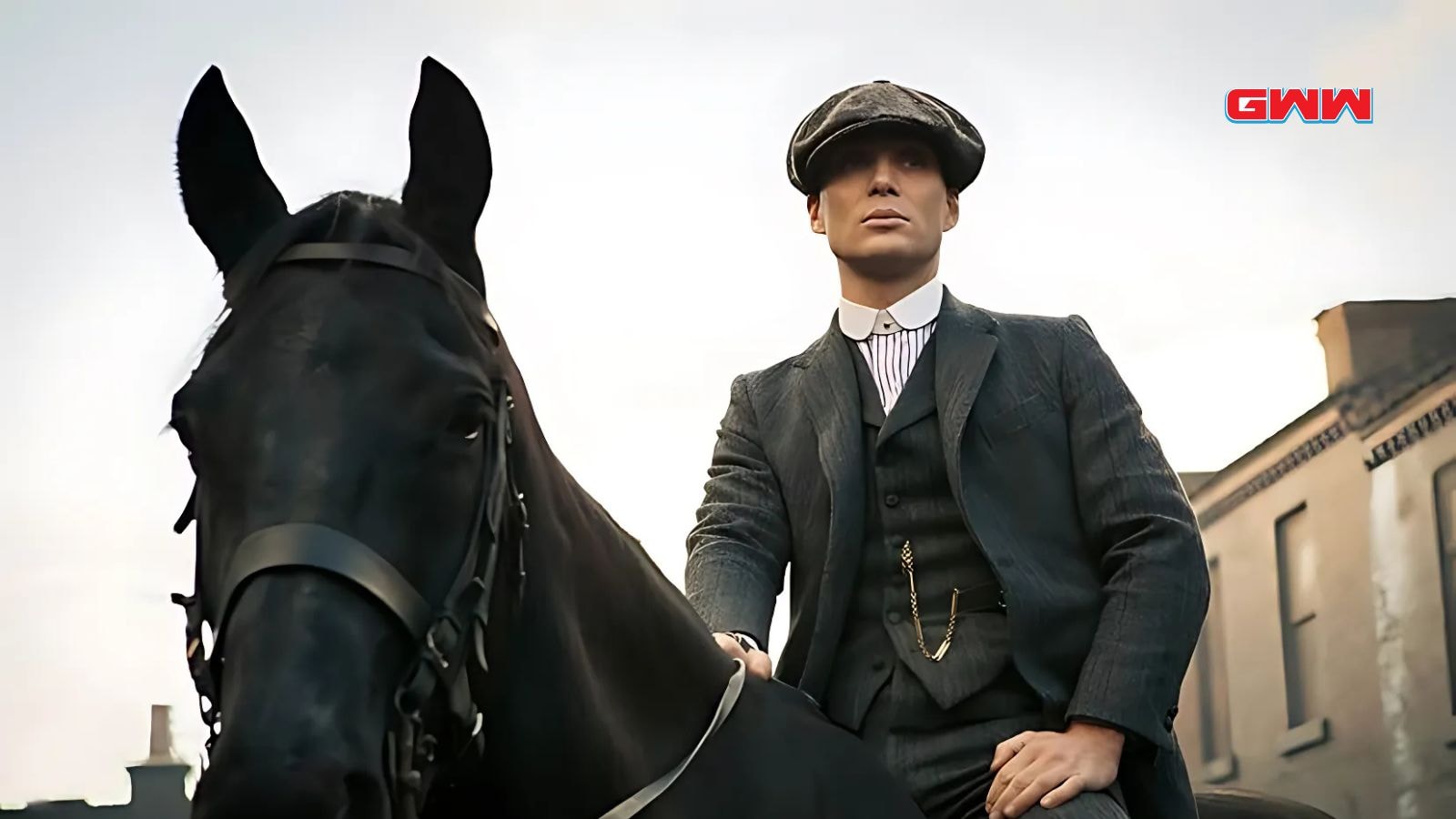 Cillian Murphy as Thomas Shelby riding a horse in Peaky Blinders 