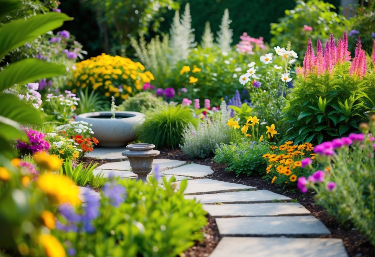 A peaceful garden with a variety of colorful flowers and plants, a winding stone pathway, and a small water feature surrounded by lush greenery