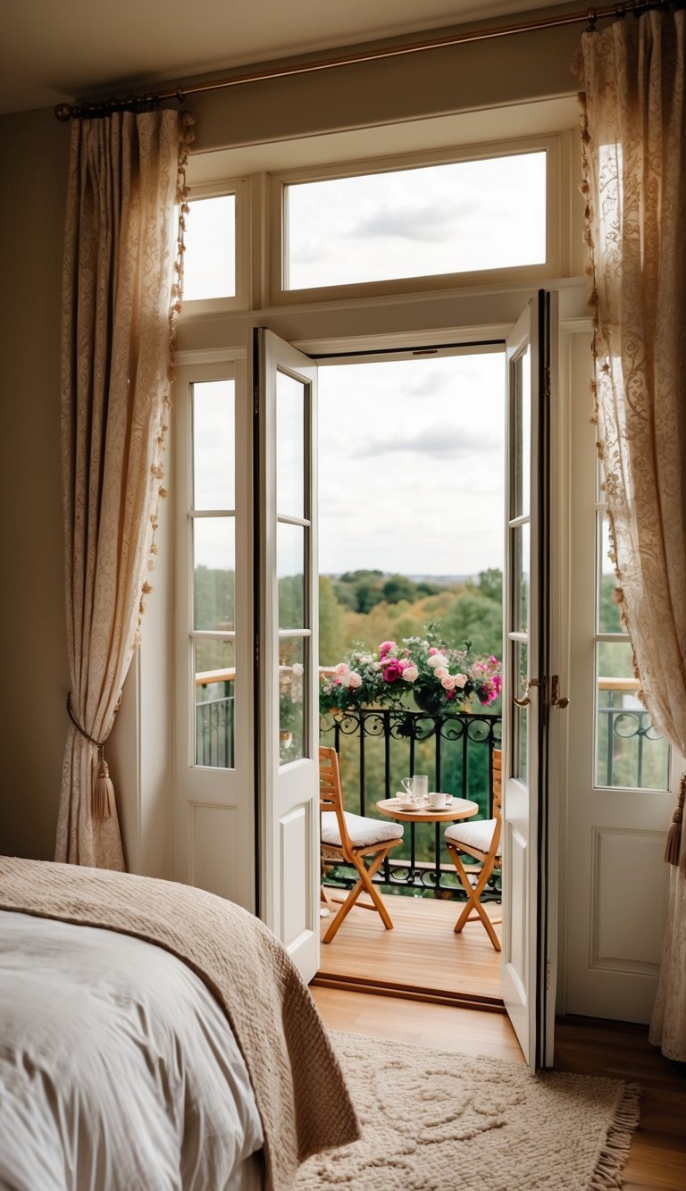 A cozy master bedroom with French doors leading to a private balcony, adorned with romantic decor for couples