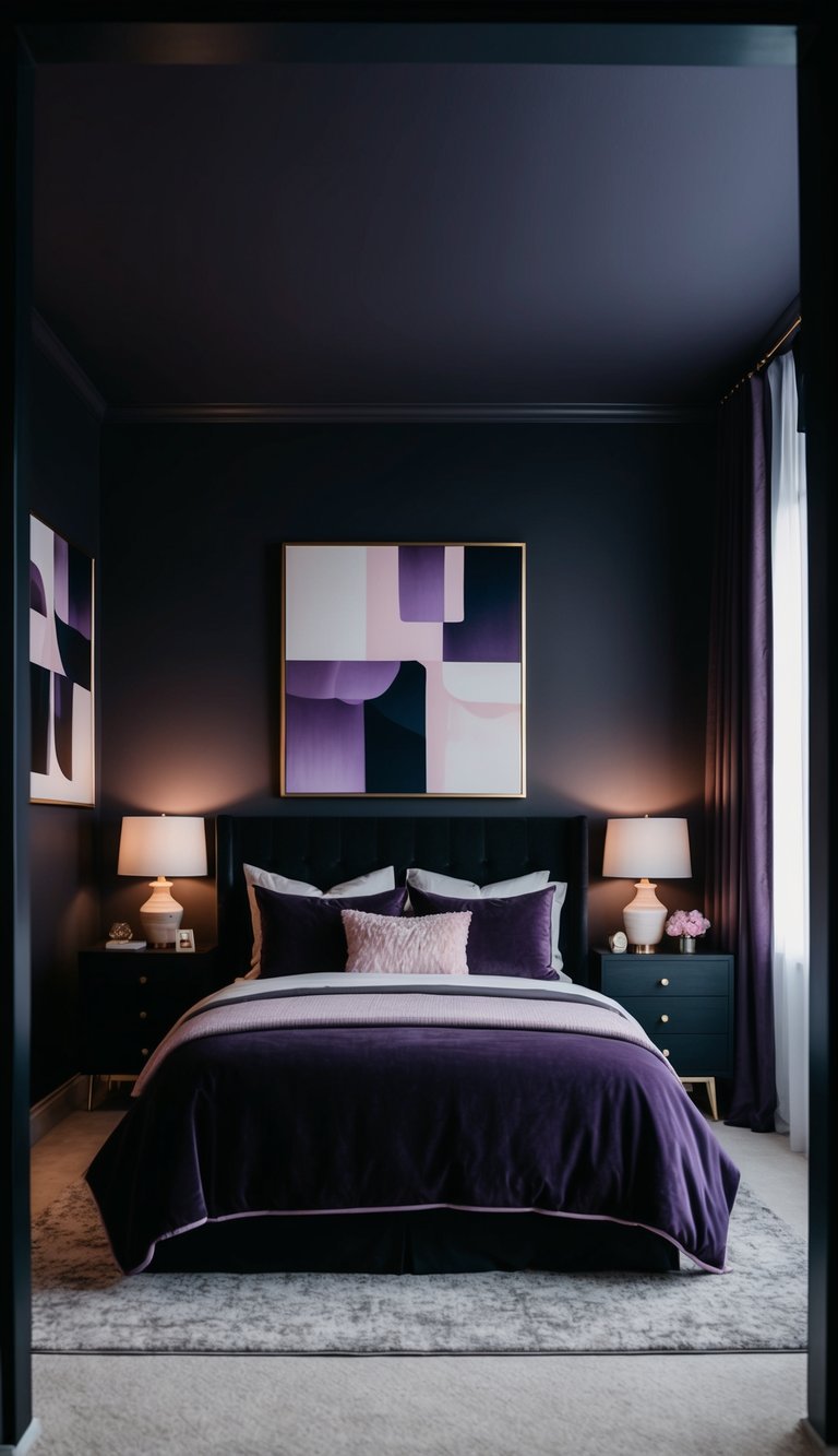 A dimly lit bedroom with deep purples and blacks, featuring abstract art and a feminine touch