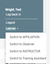 The drop-down menu used to toggle from a Learner role to an Instructor role.