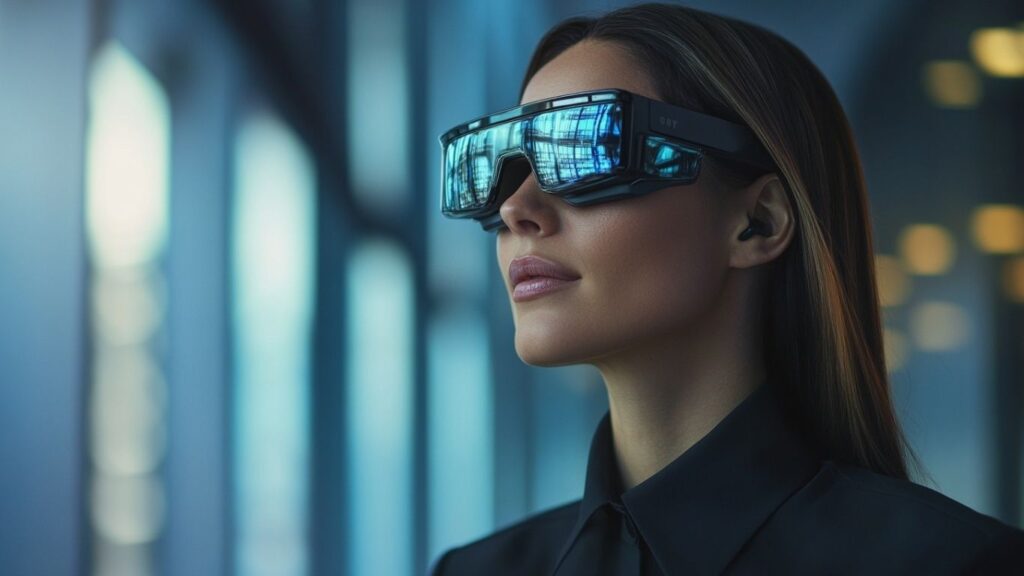 mart glasses with camera worn by a business professional