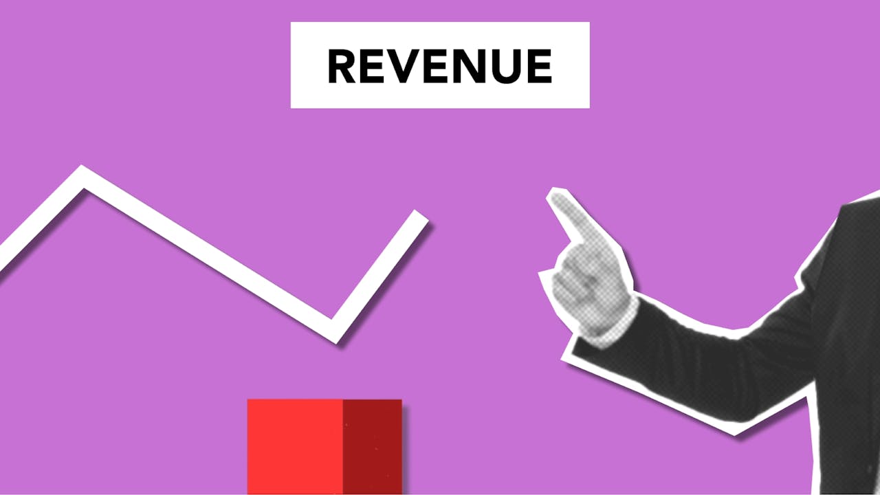 Graphic image illustrating revenue growth with a white line graph and a pointing hand, representing marketing automation best practices