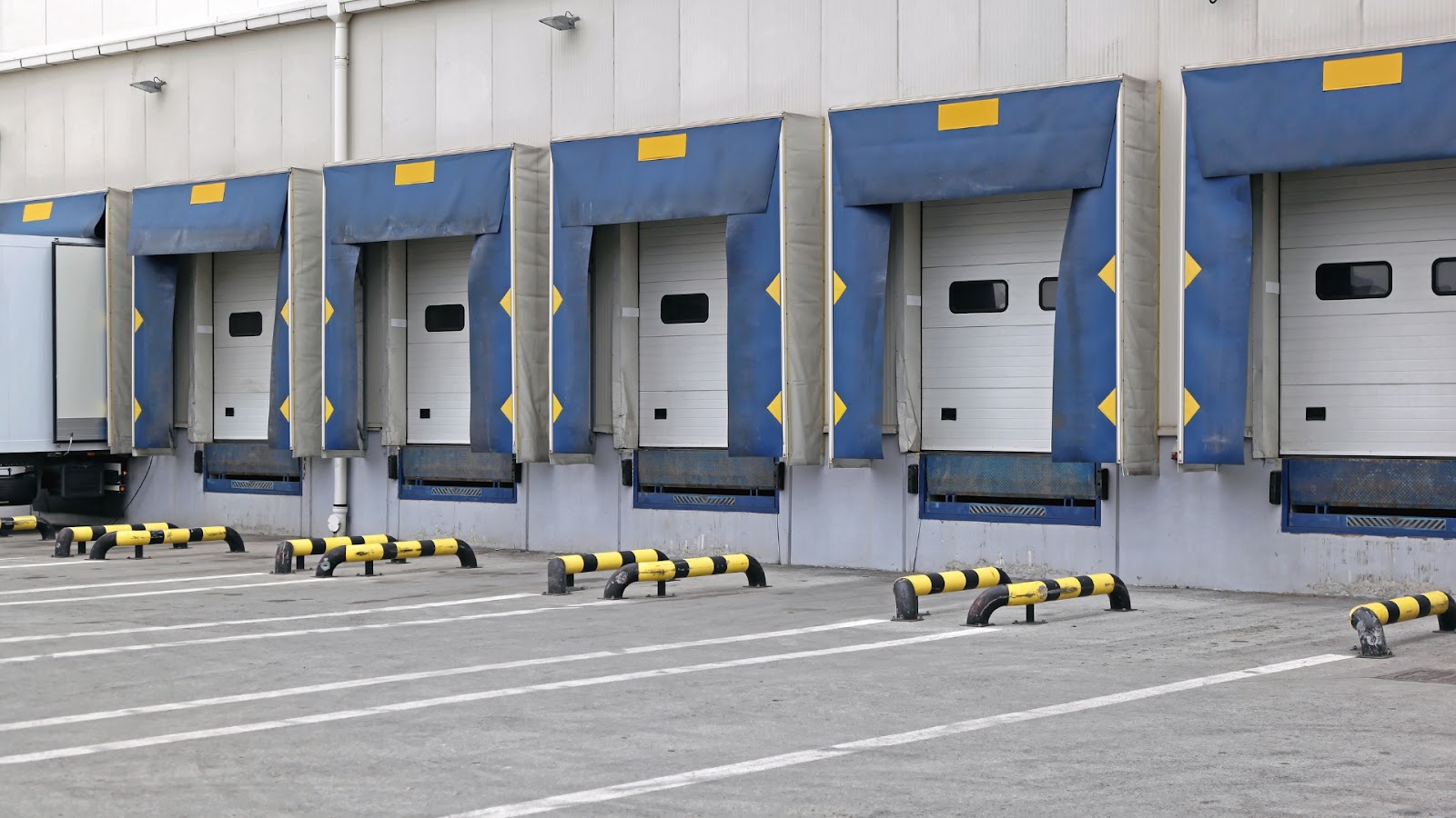 Warehouse loading dock doors with bumpers and safety barriers.