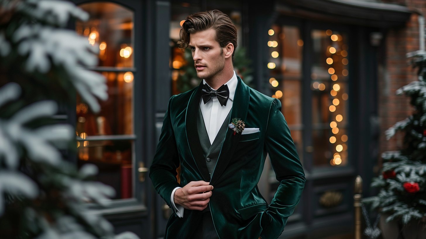 Man wearing a deep emerald or burgundy velvet tuxedo jacket, satin lapels, black dress trousers, styled for a winter or evening wedding, dramatic and luxurious setting.
