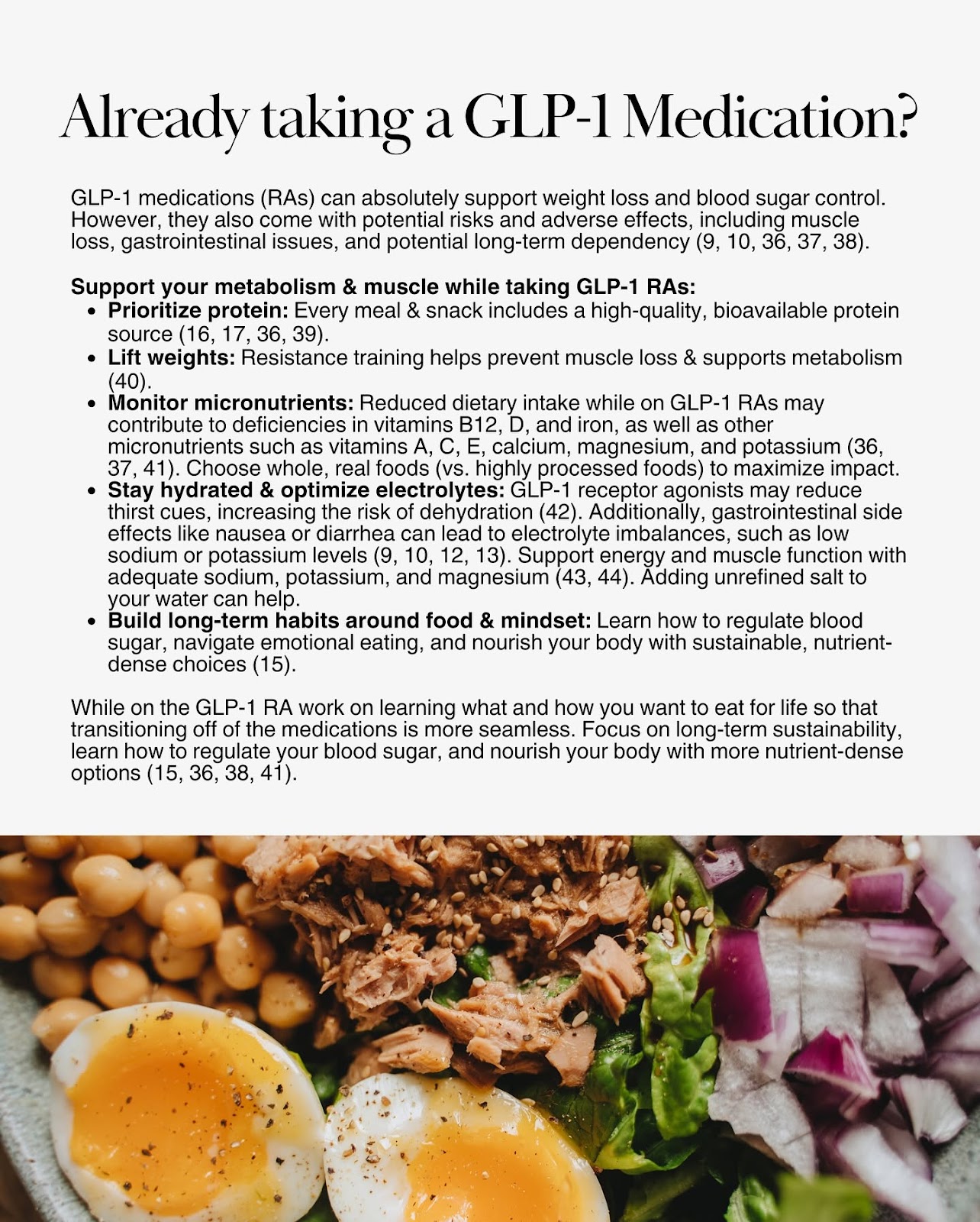 Infographic with nutrition, movement, and mindset tips for people using GLP-1s