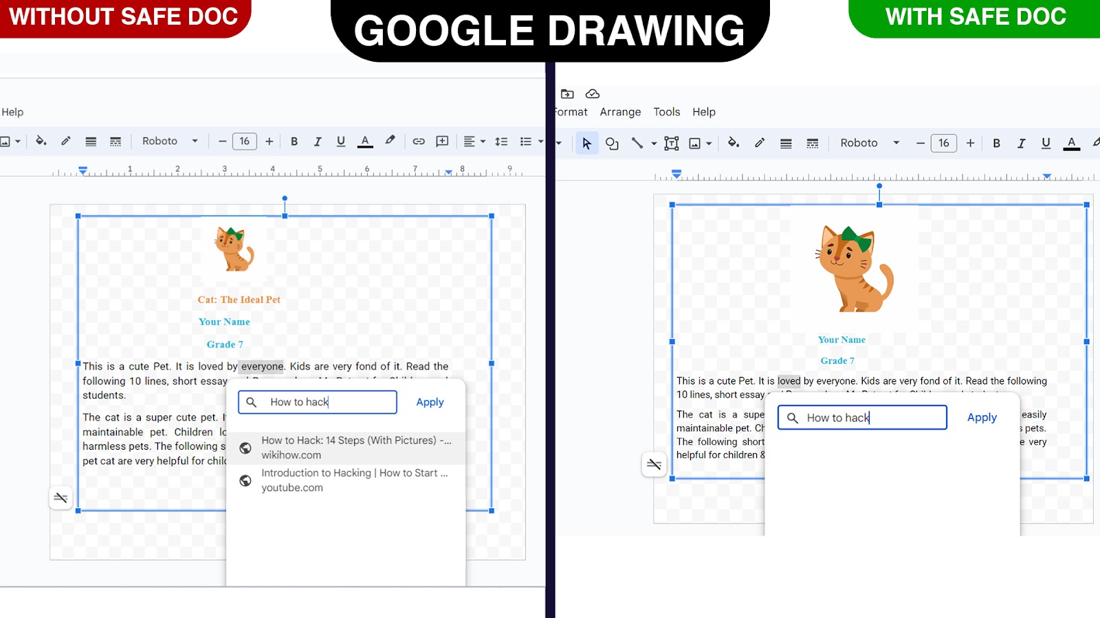 Safe Doc blocks the Insert Link feature in Google Drawing