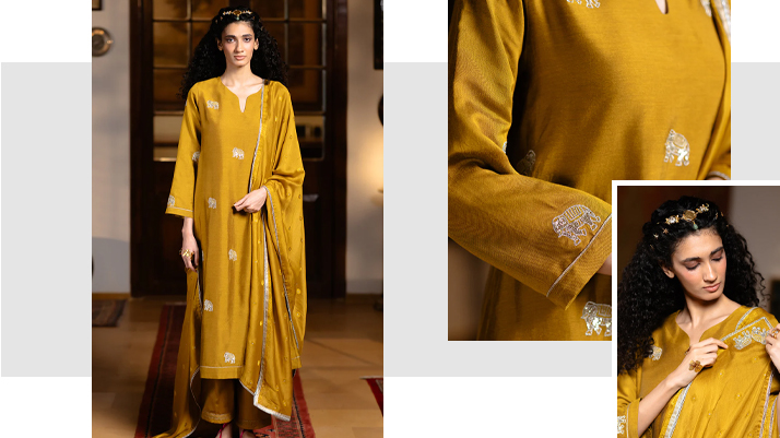 Mustard Silk Embroidered Festive Kurta Set