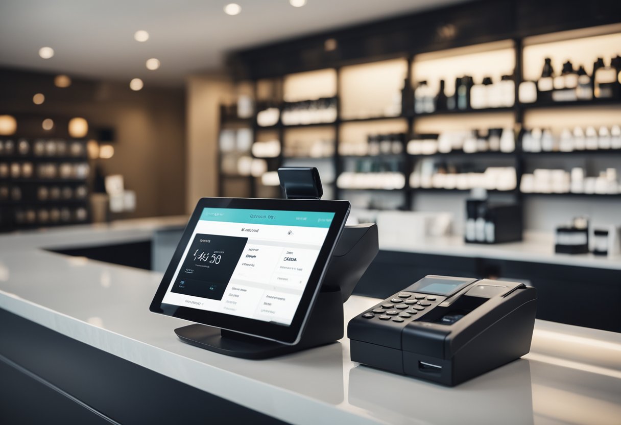 A sleek, modern POS system sits on the salon reception desk, with a stylish tablet and card reader, surrounded by hair products and appointment books