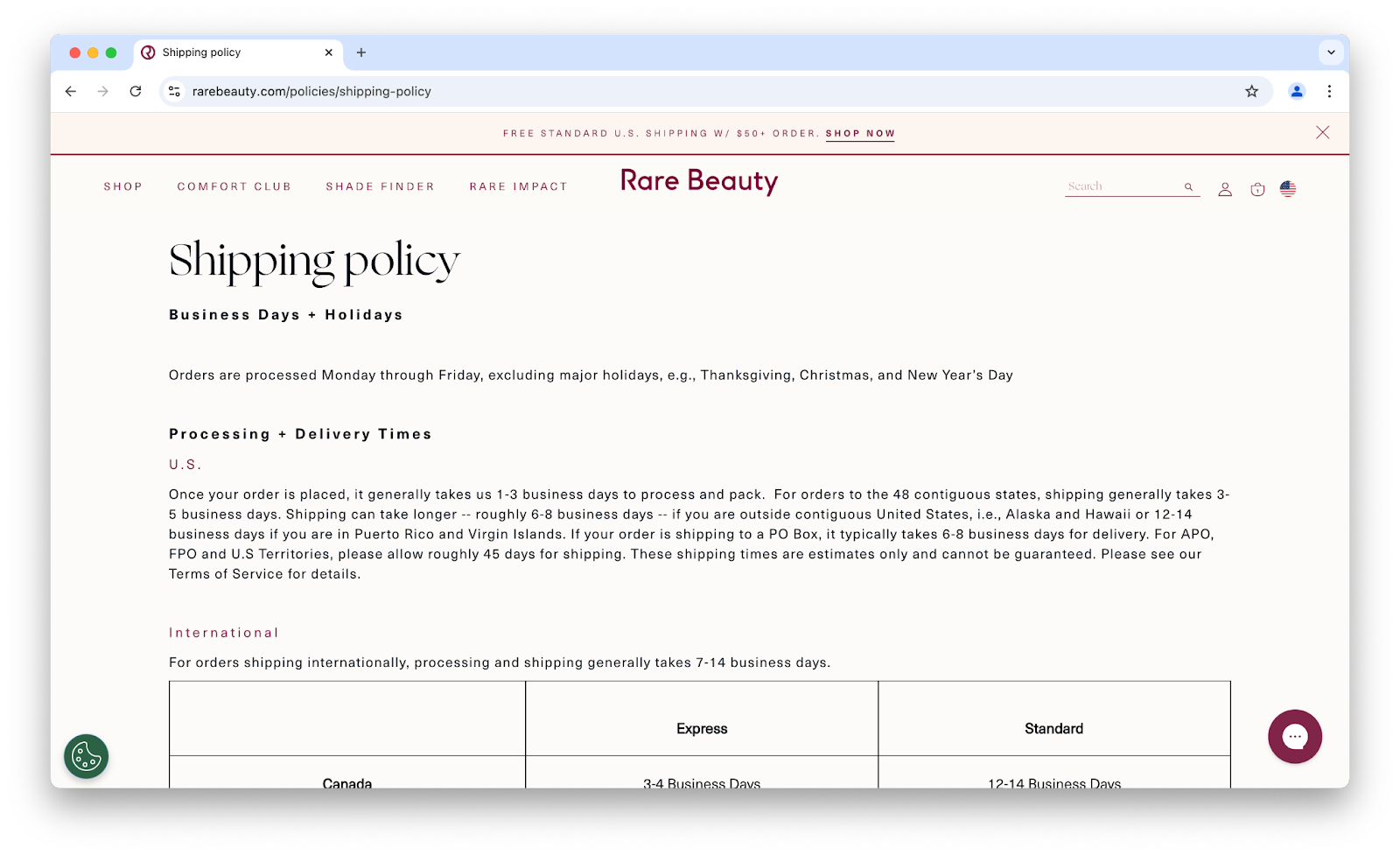 Image of Rare Beauty's shipping policy page.
