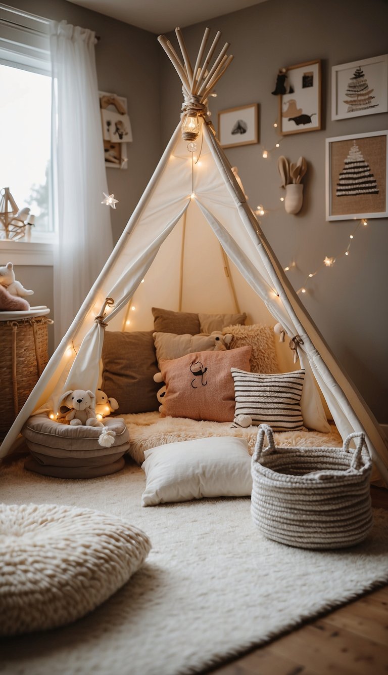 A cozy Pottery Barn Kids teepee sits in a luxurious kids bedroom