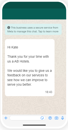 A feedback gathering message on WhatsApp from a hotel to a guest.