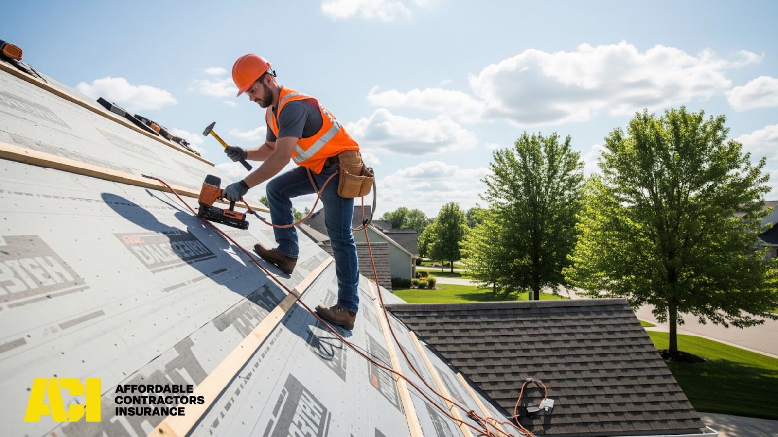 Roofer on sloped roof with safety harness – residential project under clear sky