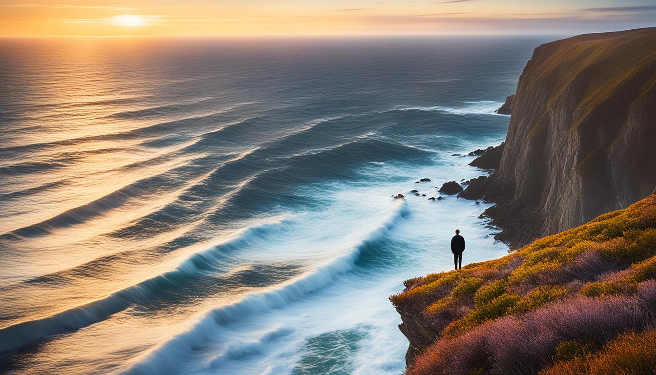 A lone figure stands on the edge of a cliff, overlooking a vast ocean. Their back is turned to the viewer, and their body language suggests a sense of peace and surrender. The wind blows gently through their hair, and the sun sets behind them, creating a warm and serene atmosphere. The focus of the image is on the landscape, emphasizing the importance of letting go and embracing the unknown.