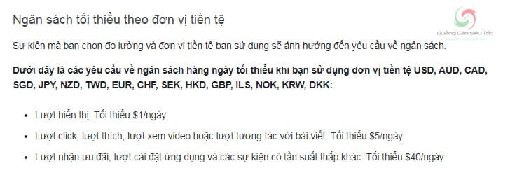 Thông báo ngân sách quảng cáo tối thiểu theo đơn vị tiền tệ của Facebook