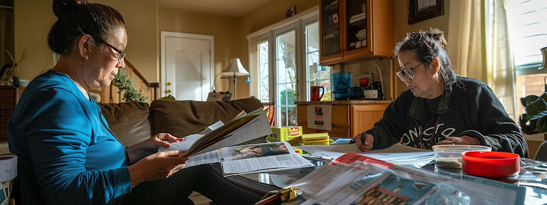 a homeowner filling out paperwork while speaking with an nfip adjuster about flood damage.