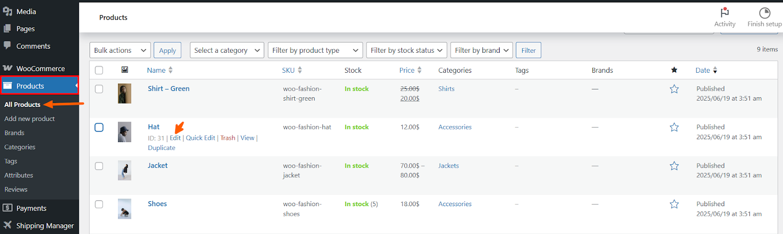 Edit products in WooCommerce 