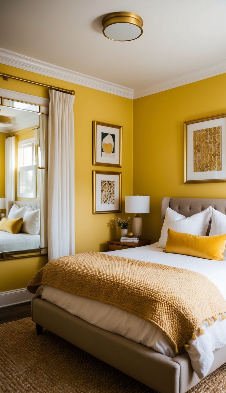 A cozy yellow bedroom with gold-framed art on the walls, filled with warm and inviting decor