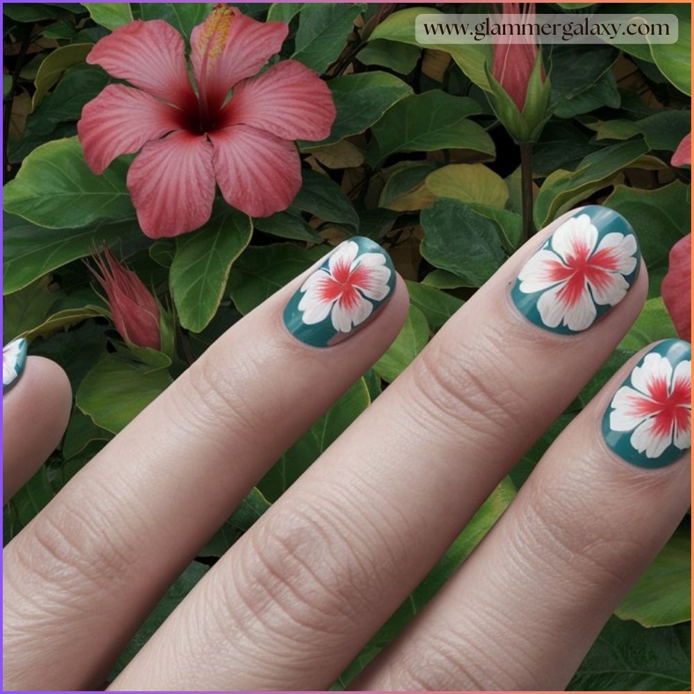 Hot summer nails having Hibiscus blooms:  