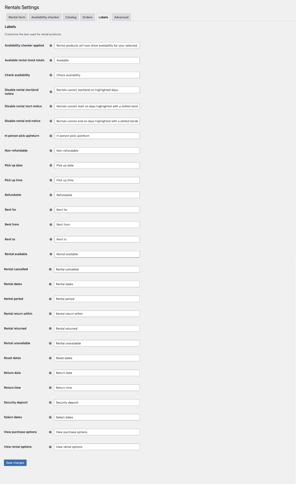 Configuring plugin labels in Rental Products for WooCommerce