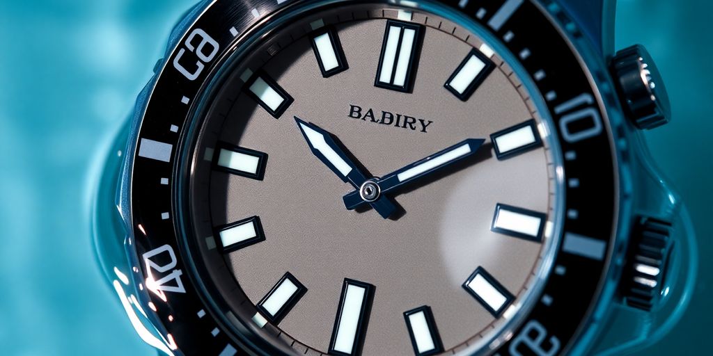 Close-up of a detailed dive watch in water.