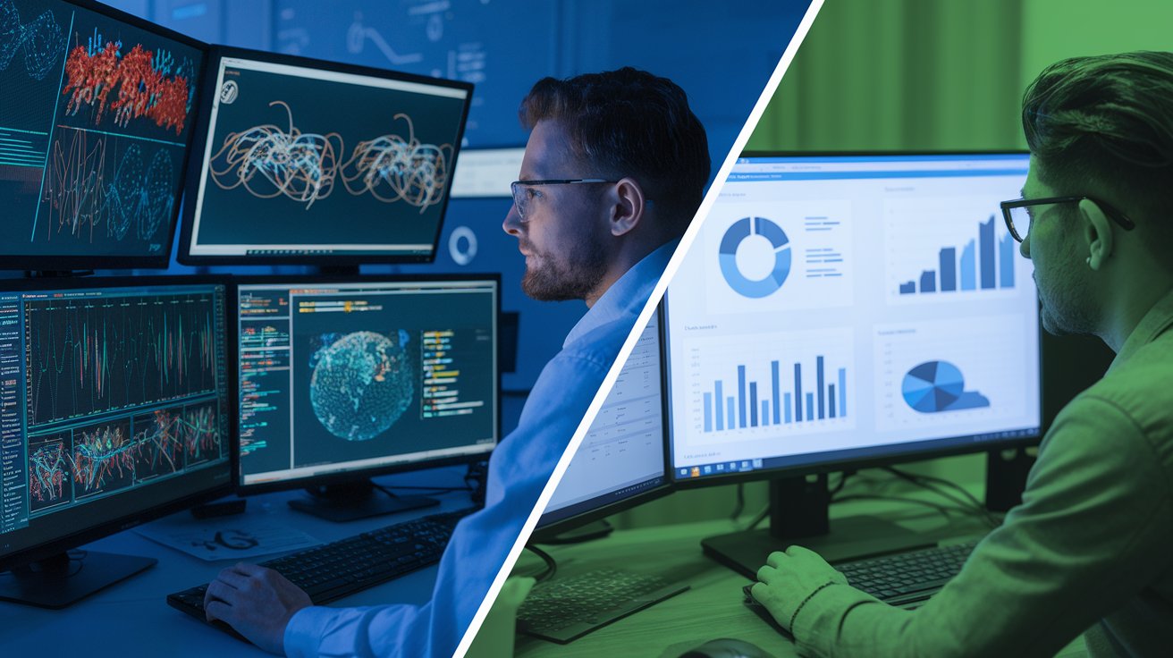 Split-image contrasting Data Science and Business Intelligence, featuring a data scientist with machine learning models on one side and a business analyst using BI tools on the other