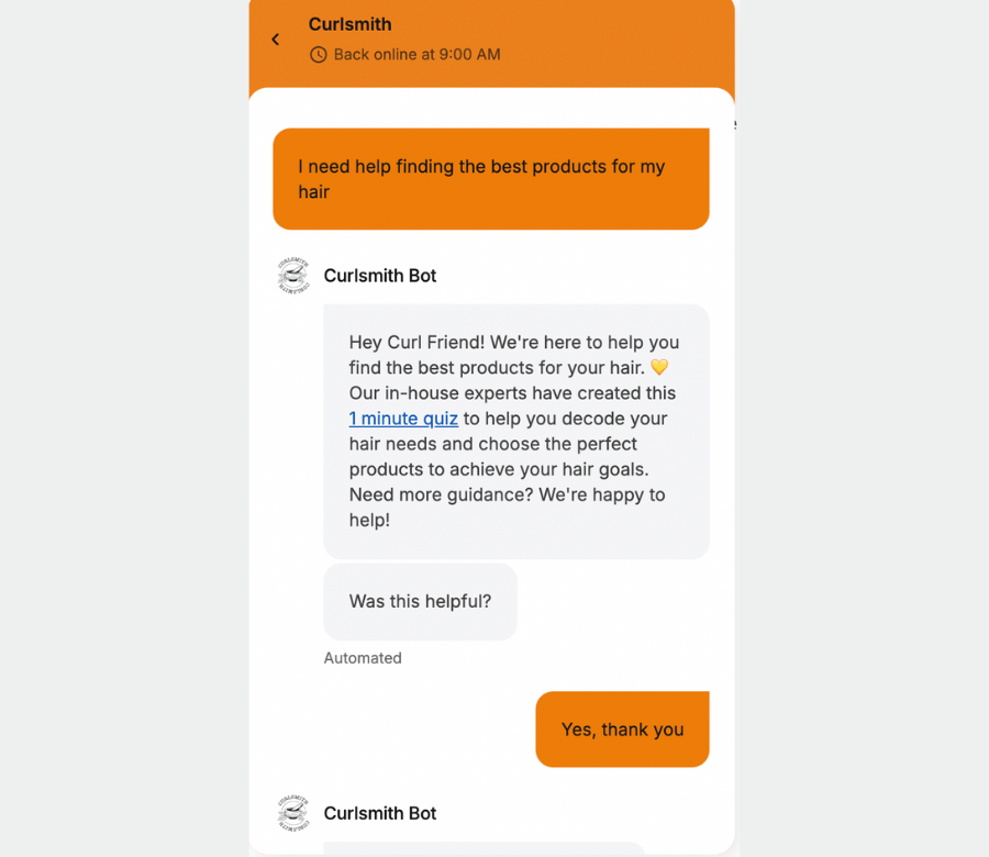 Curlsmith retail chatbot example