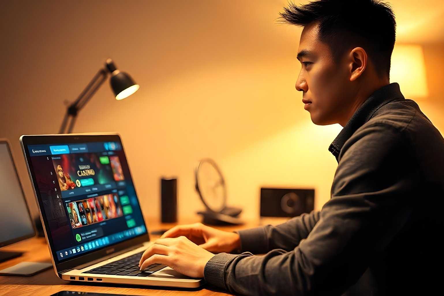 A man sits at a desk, focused on casino games on his laptop.