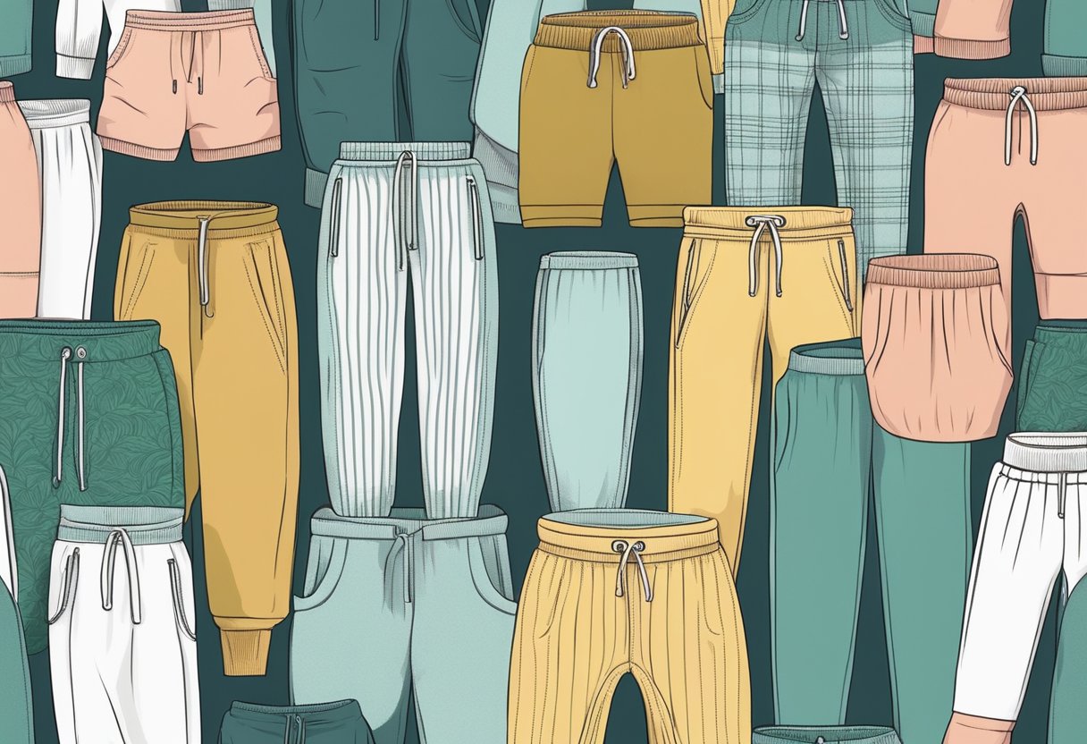 Sweatpants made of cotton, polyester, or a blend. Display different fabric swatches with various textures and patterns. Show a chart of market trends and consumer preferences