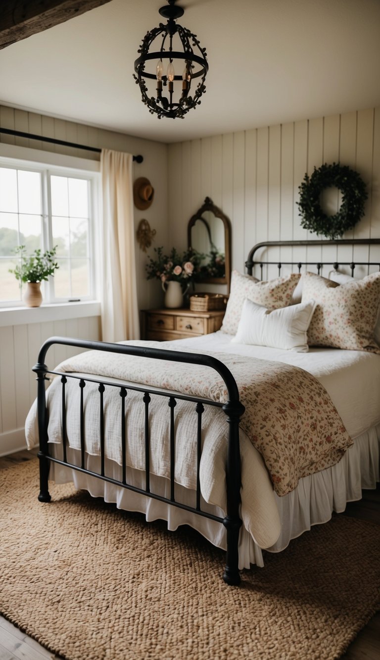 A cozy country farmhouse bedroom with a vintage iron bed, soft floral bedding, and rustic decor