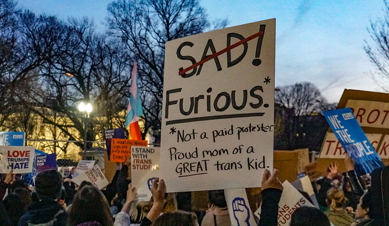 There is a protest with people holding signs that say things like Proud mom of a GREAT trans kid.