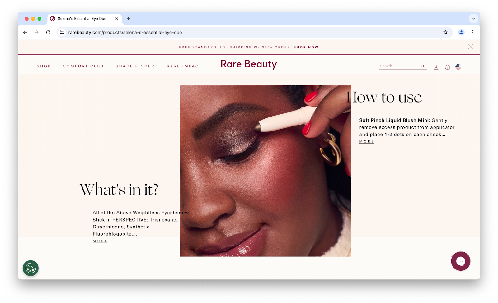 Image of Rare Beauty's shade pages with the product ingredients and instructions.