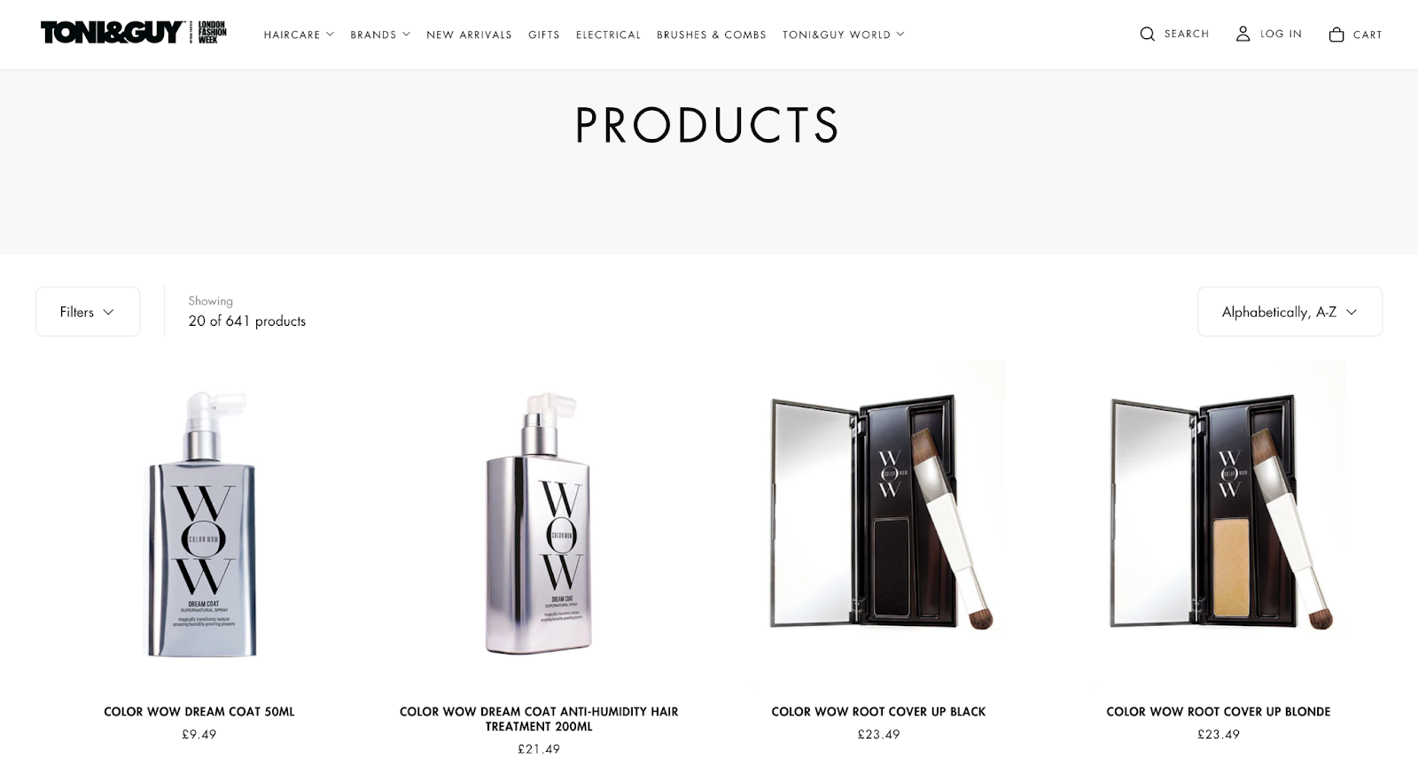 A screenshot of various product listings at a salon's online store.