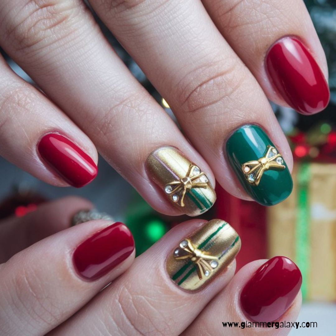 Christmas holiday Nails having Festive Gift Bow Nail Art
