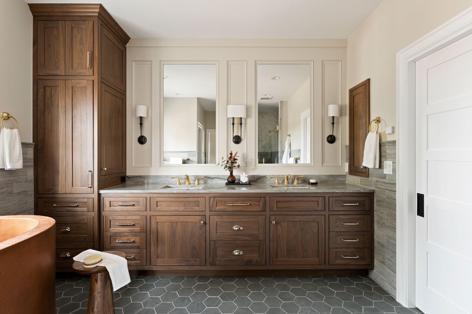 dark wood bathroom with slate grey hexagon tiles, primary bathroom ideas