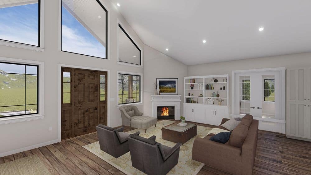 The living room includes a white built-in cabinet and a window seat.