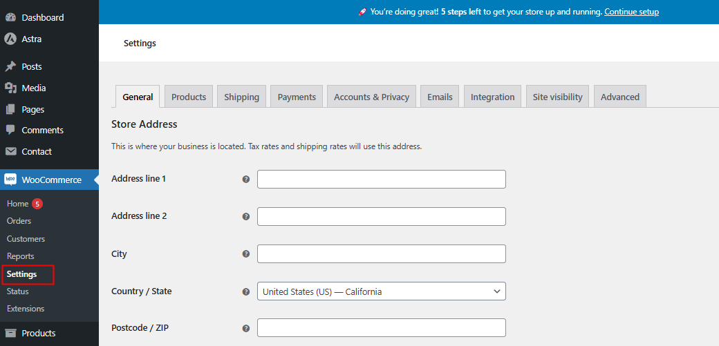 access woocommerce settings