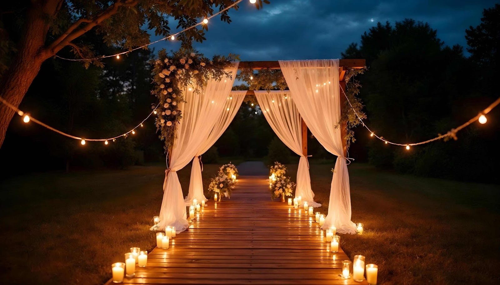 Soft pathway lights lining a garden trail at an outdoor wedding, guiding guests with a warm, enchanting glow under the evening sky.