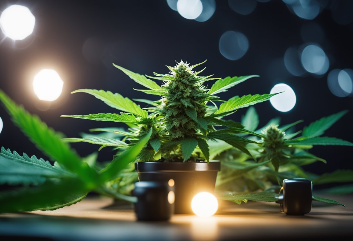 A cannabis plant surrounded by various SEO tools and techniques, with a spotlight shining on it to represent getting found and avoiding penalties