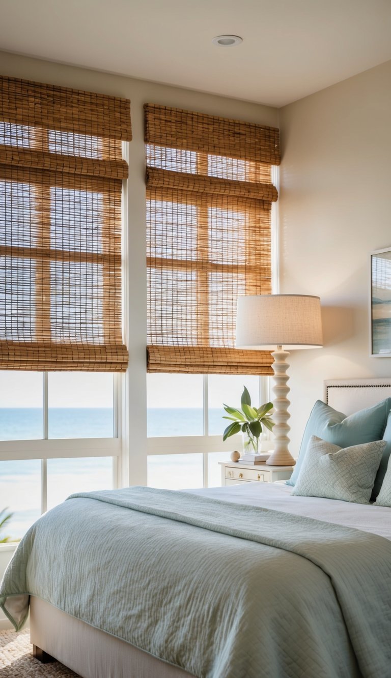 A serene guest bedroom with coastal bamboo shades, a cozy bed, and soft lighting