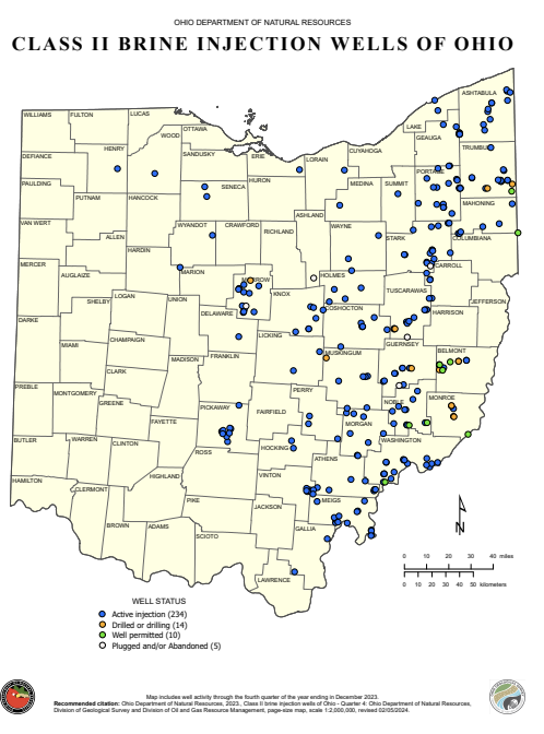 This map from ODNR shows the number of active injection well in Ohio (blue dots), those already drilled or in the process (orange dots), the number of wells newly permitted (green dots) and the number of plugged or abandoned wells (white dots).