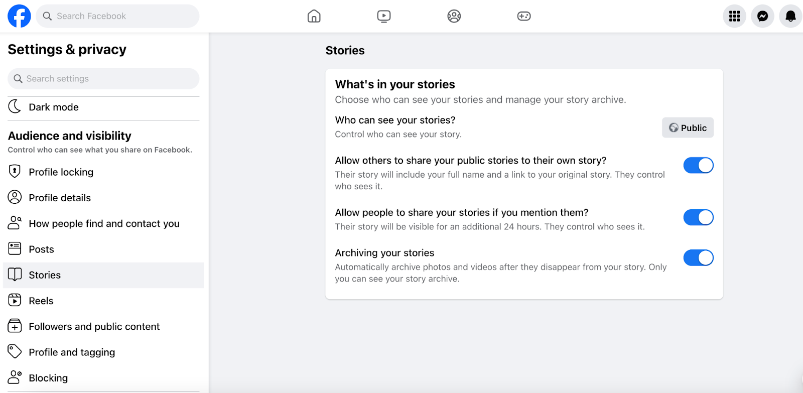 Facebook Settings to make Stories sharable