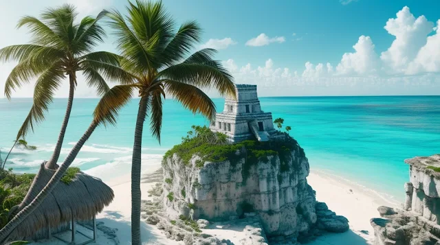 Discover the magic of Tulum, where ancient Mayan ruins sit atop cliffs overlooking the turquoise Caribbean Sea, framed by swaying palm trees.