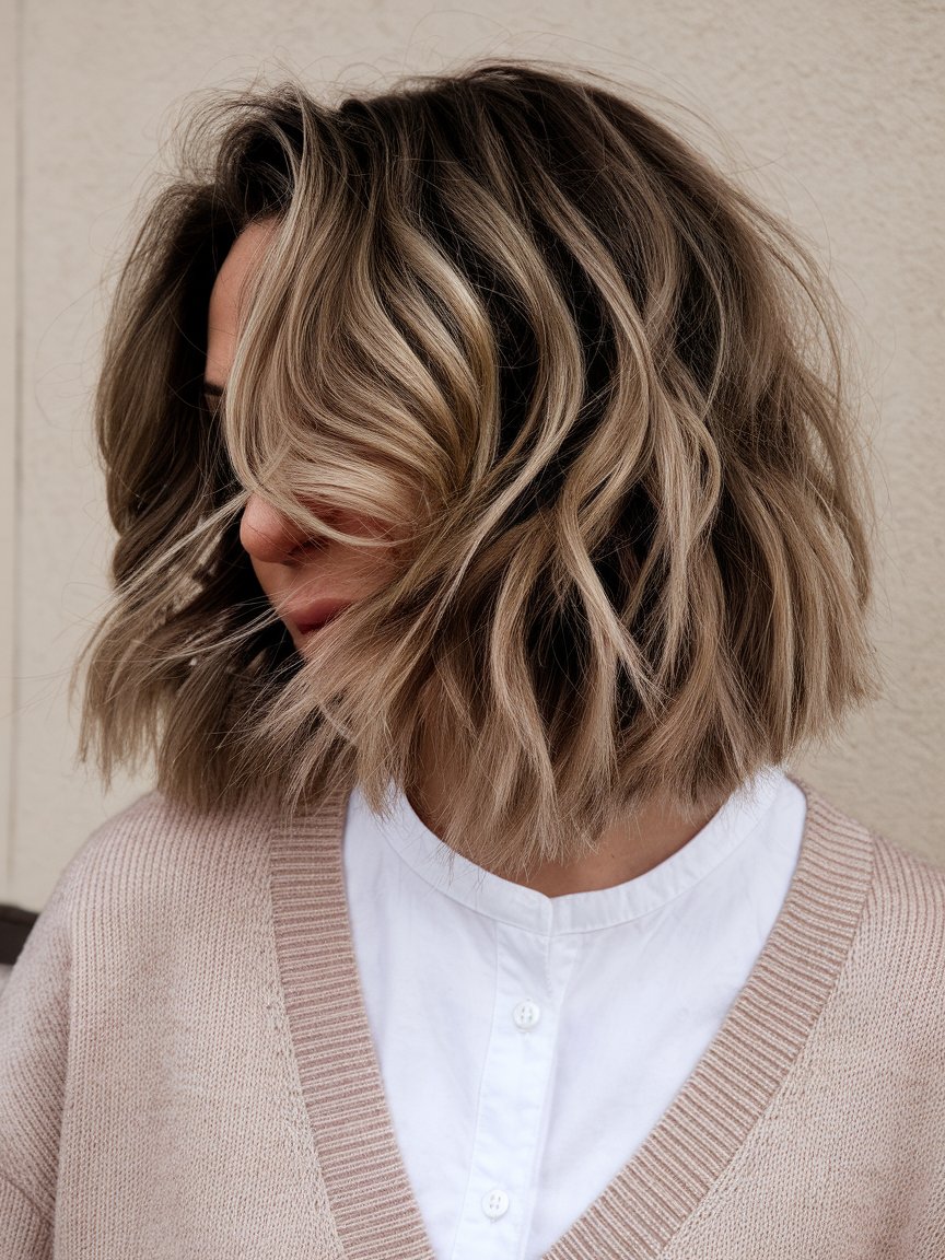 55. Chestnut Brown Wavy Textured Bob