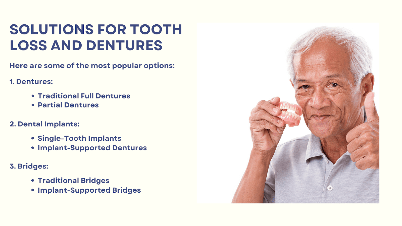 This infographic depicts solutions for tooth loss and dentures